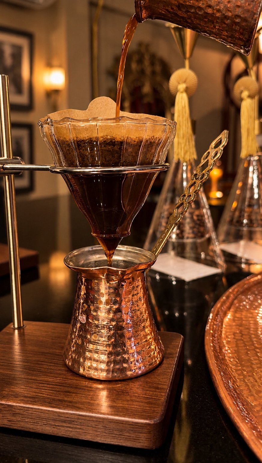Freshly brewed coffee in a glass dripper