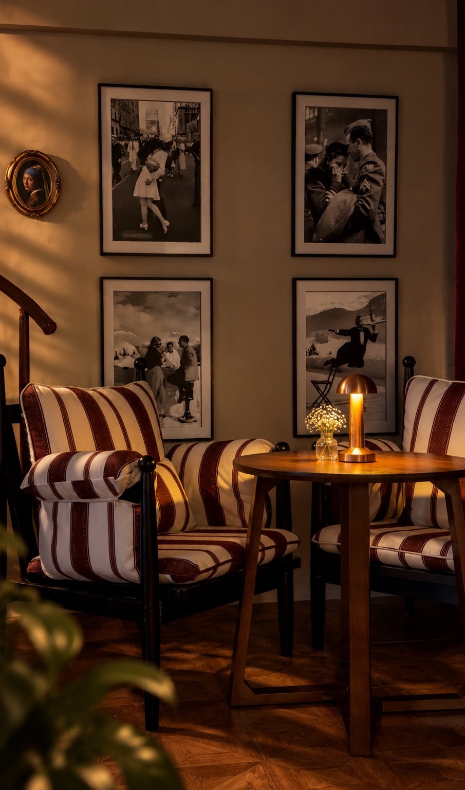 Striped armchairs and warm candlelight at Sandman