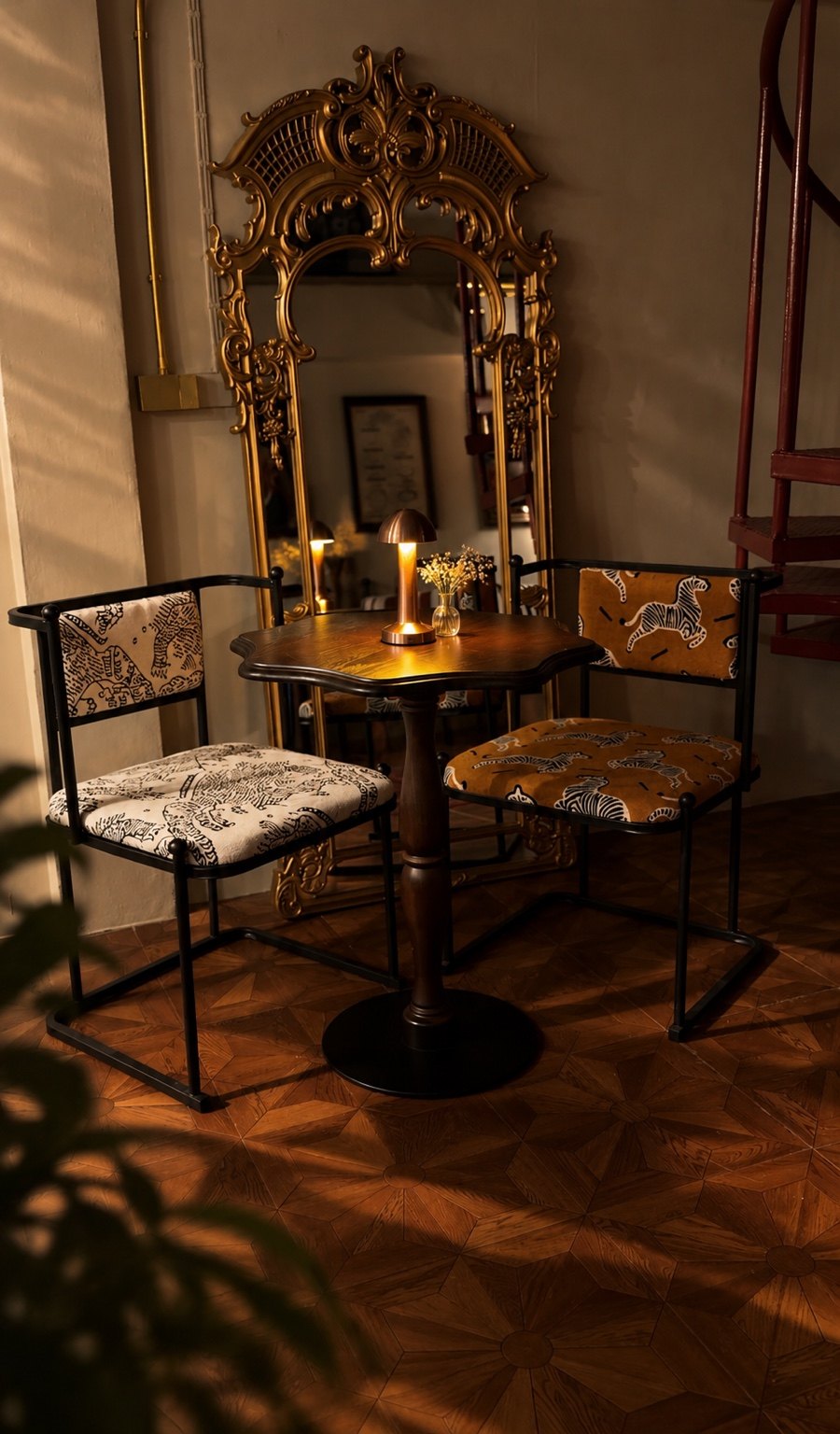 Antique style mirror and a candlelit seating area