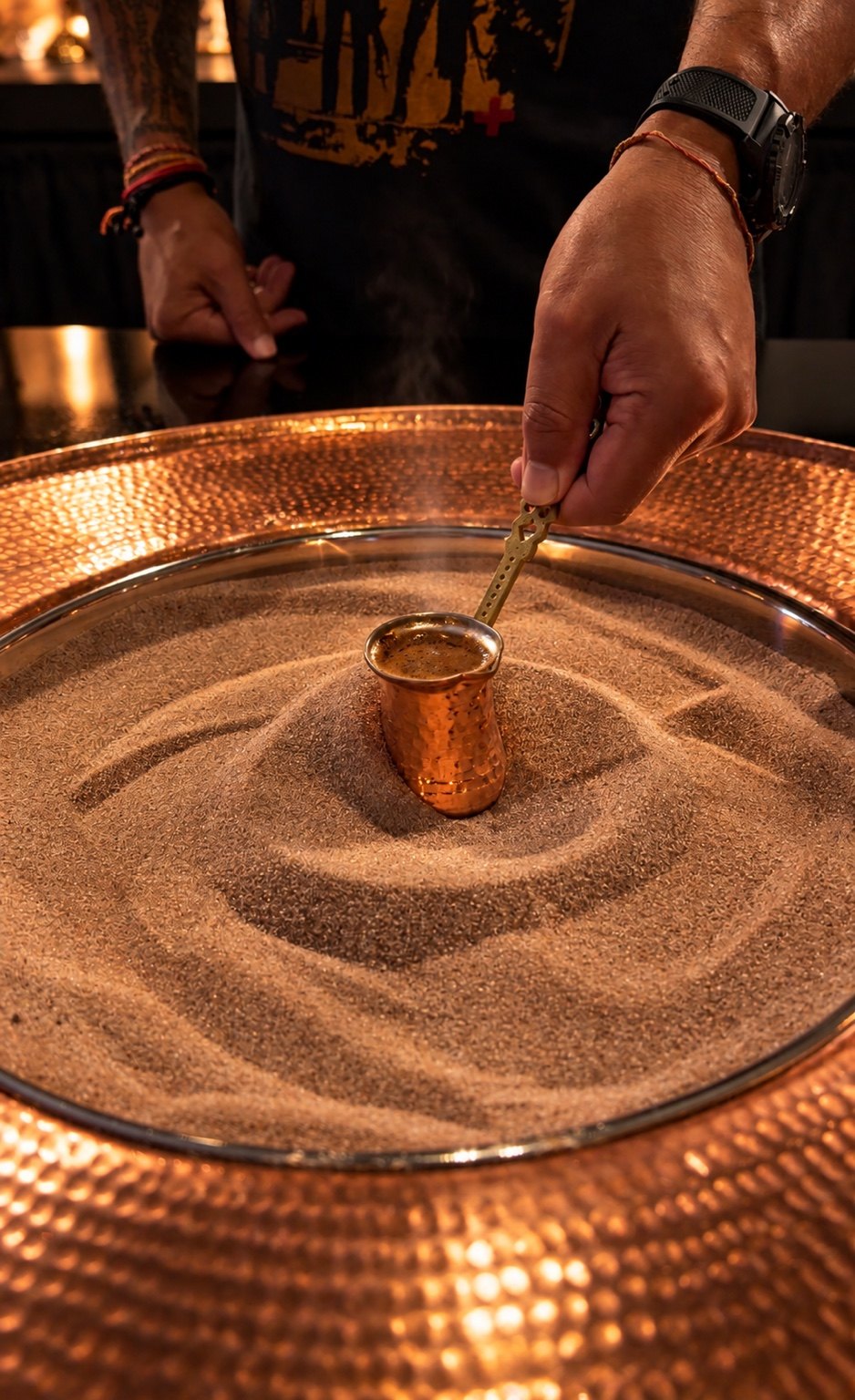 Traditional Turkish coffee being prepared in heated sand